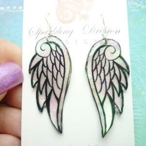Shimmering Angel Wing Earrings, Colour Shift Pale Green and Pink - New Age - gift - Resin with Glitter Finish
