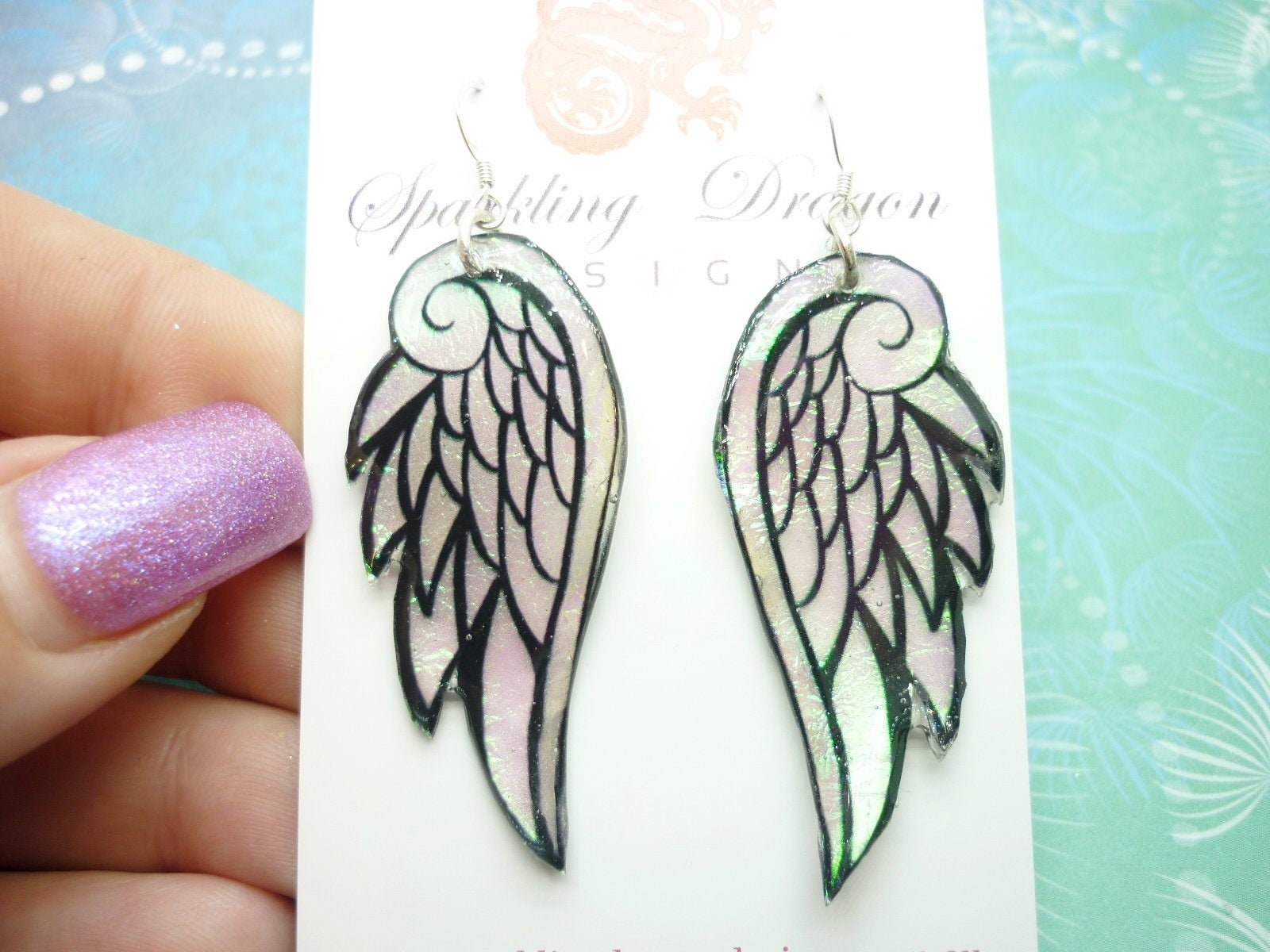 Shimmering Angel Wing Earrings, Colour Shift Pale Green and Pink - New Age - gift - Resin with Glitter Finish