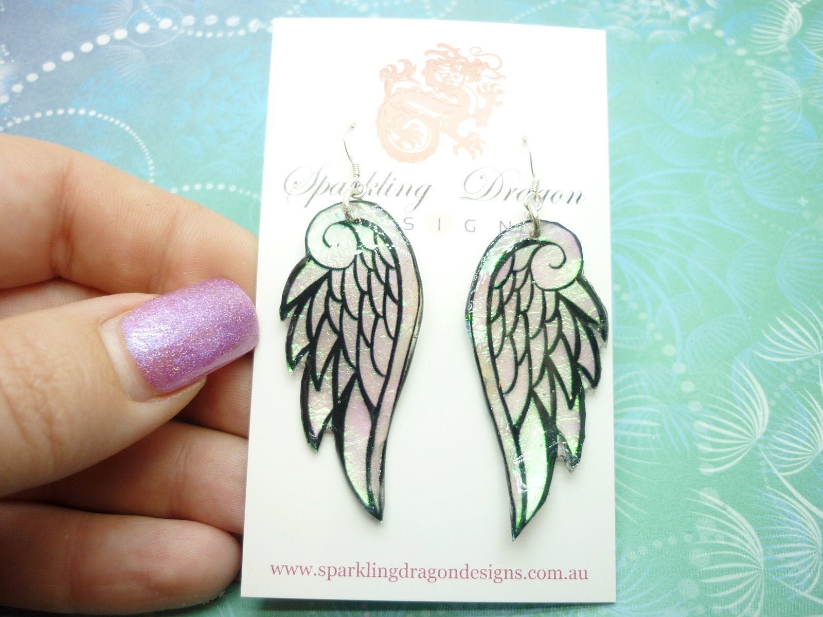 Shimmering Angel Wing Earrings, Colour Shift Pale Green and Pink - New Age - gift - Resin with Glitter Finish - Image 2