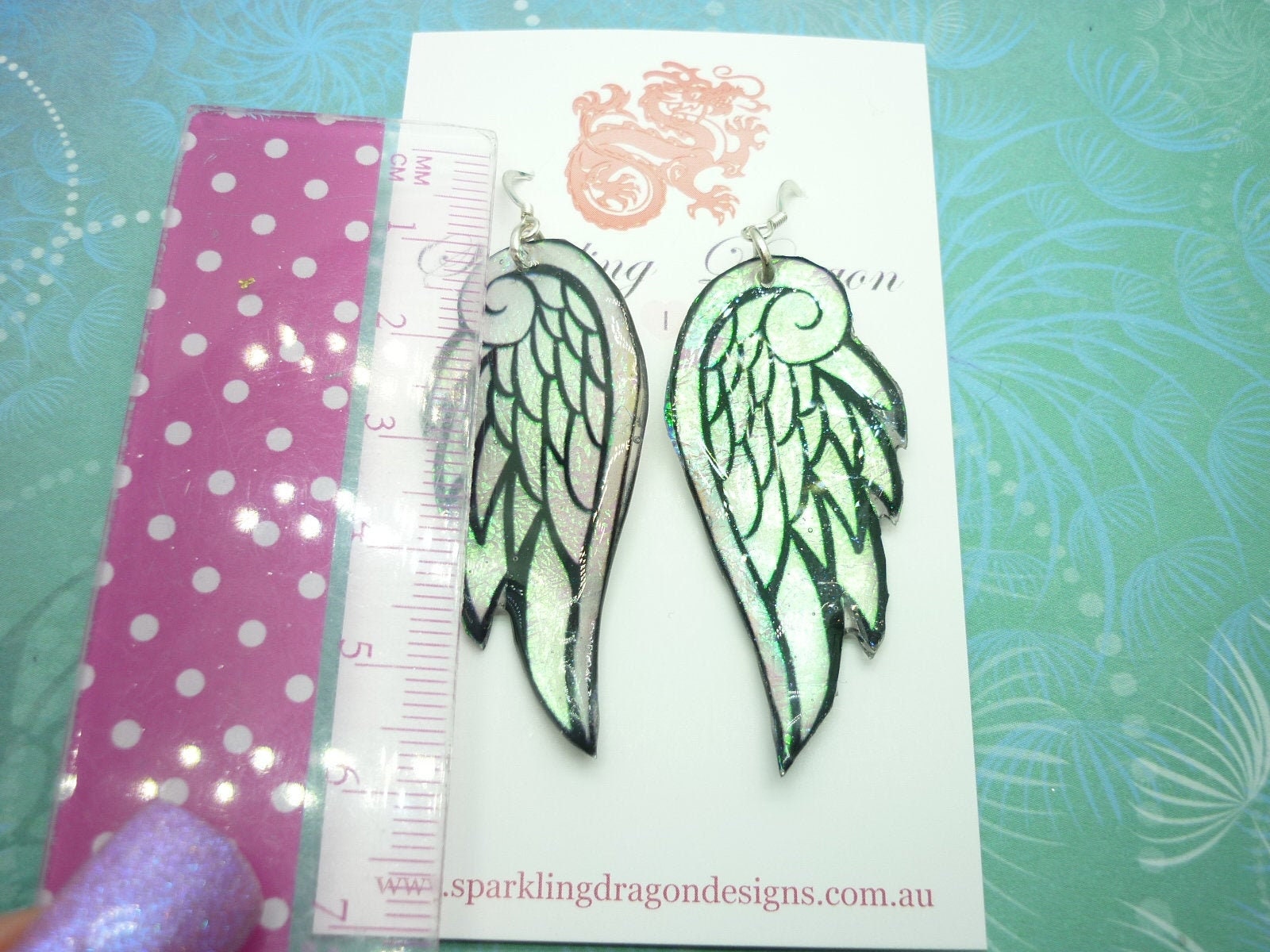 Shimmering Angel Wing Earrings, Colour Shift Pale Green and Pink - New Age - gift - Resin with Glitter Finish - Image 3