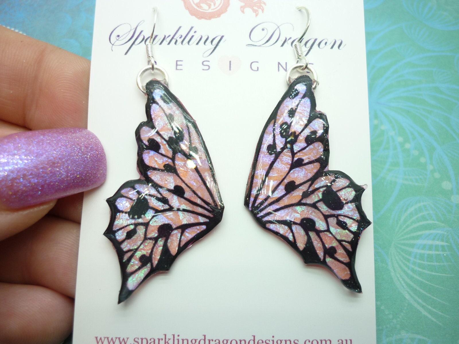Shimmery Pink Butterfly Double Wing Earrings: Making a Statement with Sparkly Fairy Jewellery - Resin with Glitter Finish, a Fun Gift