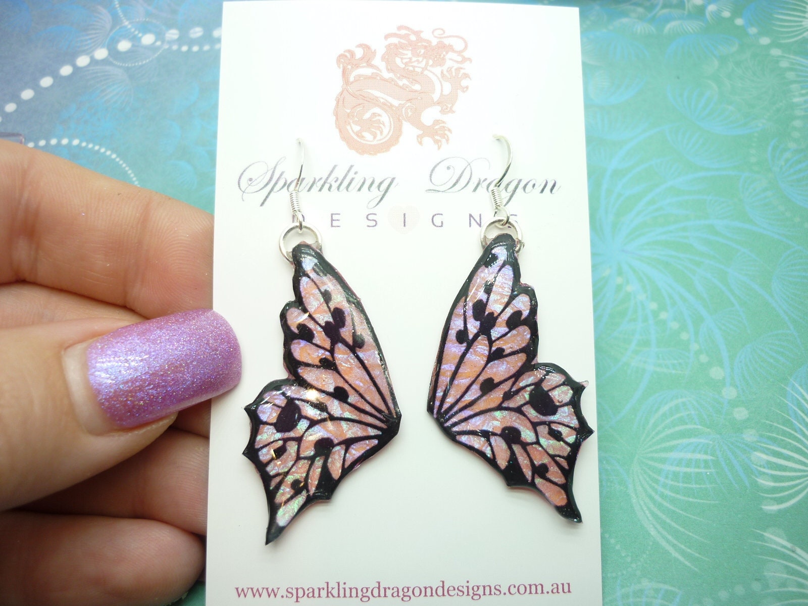 Shimmery Pink Butterfly Double Wing Earrings: Making a Statement with Sparkly Fairy Jewellery - Resin with Glitter Finish, a Fun Gift - Image 3
