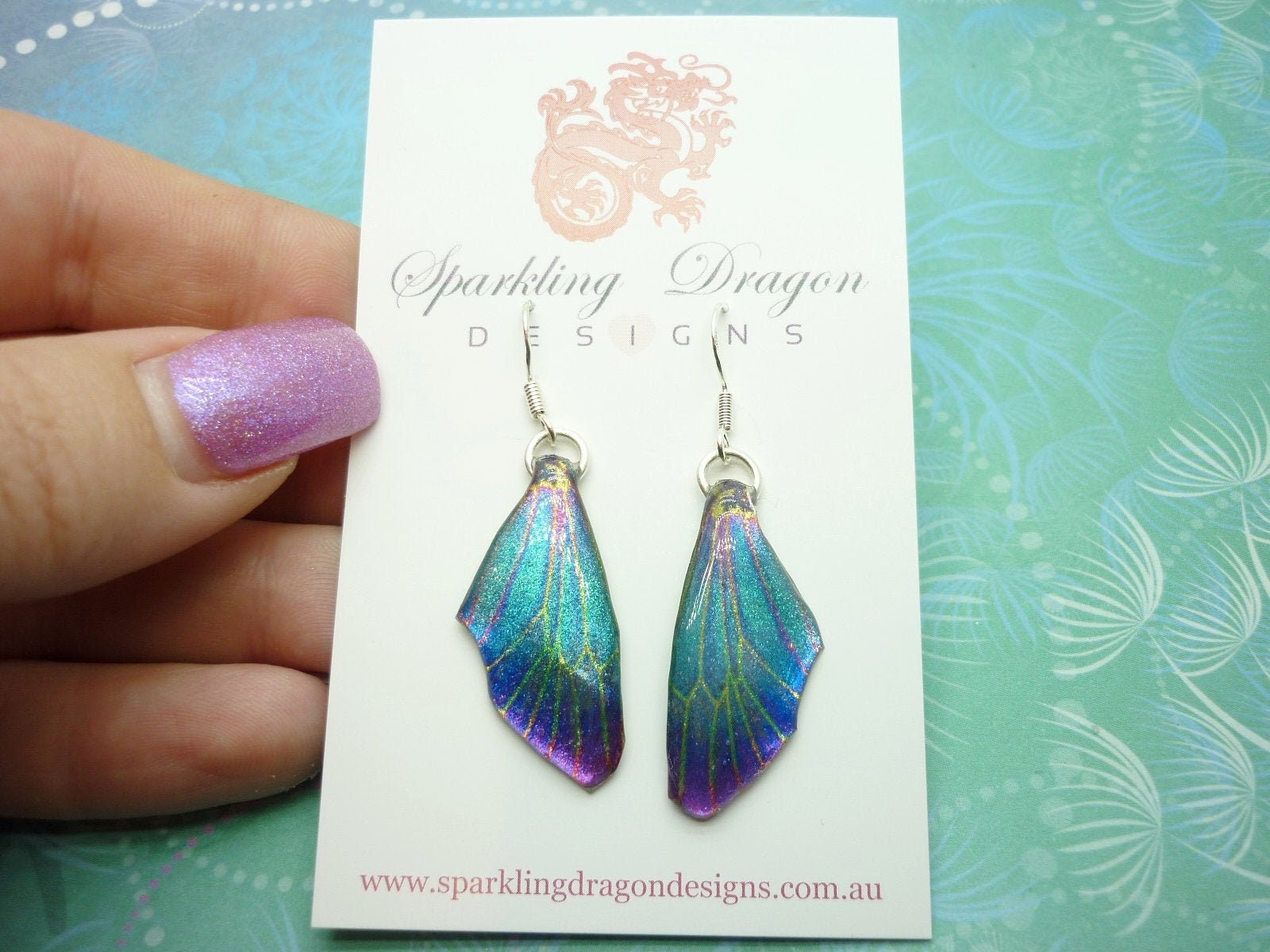 Butterfly Earrings Blue with Green & Pink Lines - Fairy Jewellery, Fun Gift for her Statement Present Sparkly - Resin with Glitter Finish - Image 2