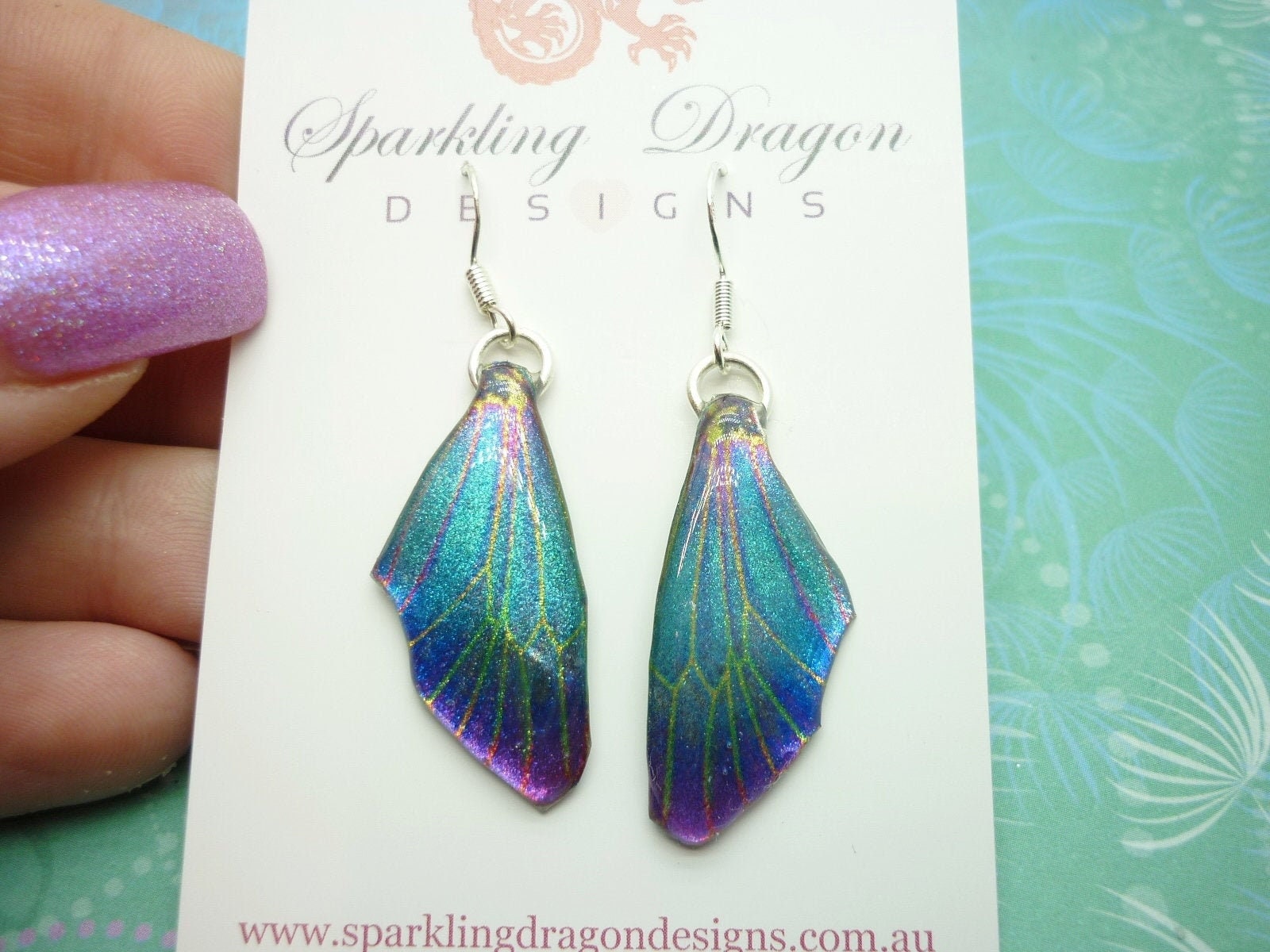 Butterfly Earrings Blue with Green & Pink Lines - Fairy Jewellery, Fun Gift for her Statement Present Sparkly - Resin with Glitter Finish - Image 3