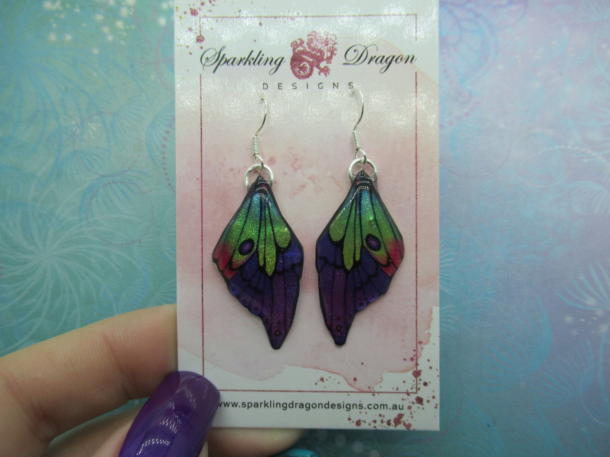 Rainbow & Purple Butterfly Wing Earrings: Enchanting fairy jewelry, a fun gift with sparkling wings in glittering resin. FairyFashion. - Image 3