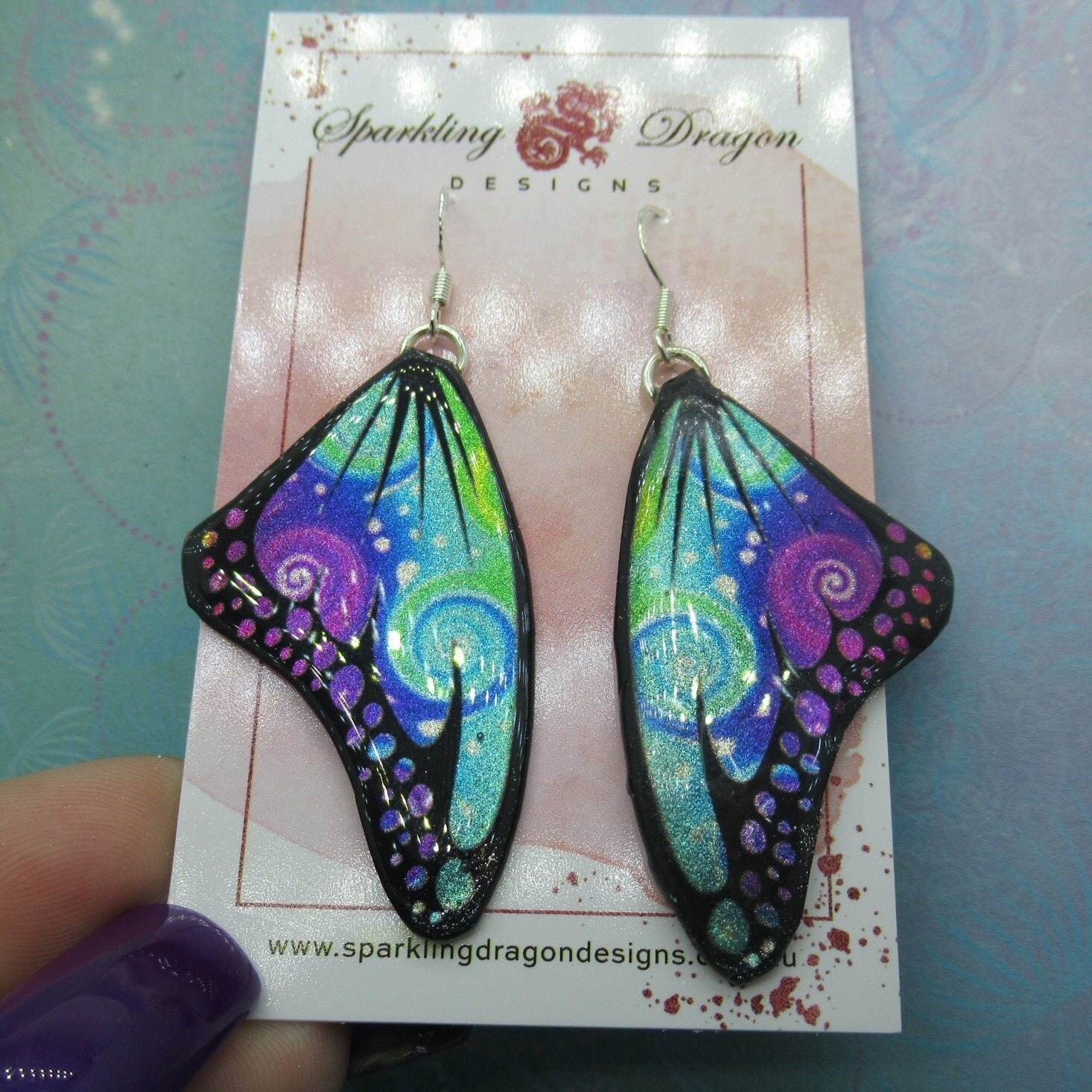 Butterfly Earrings Swirling Purple Blue Rainbow - Fairy Jewellery Fun Gift for her, Statement Present Sparkly - Resin with Glitter Finish - Image 2