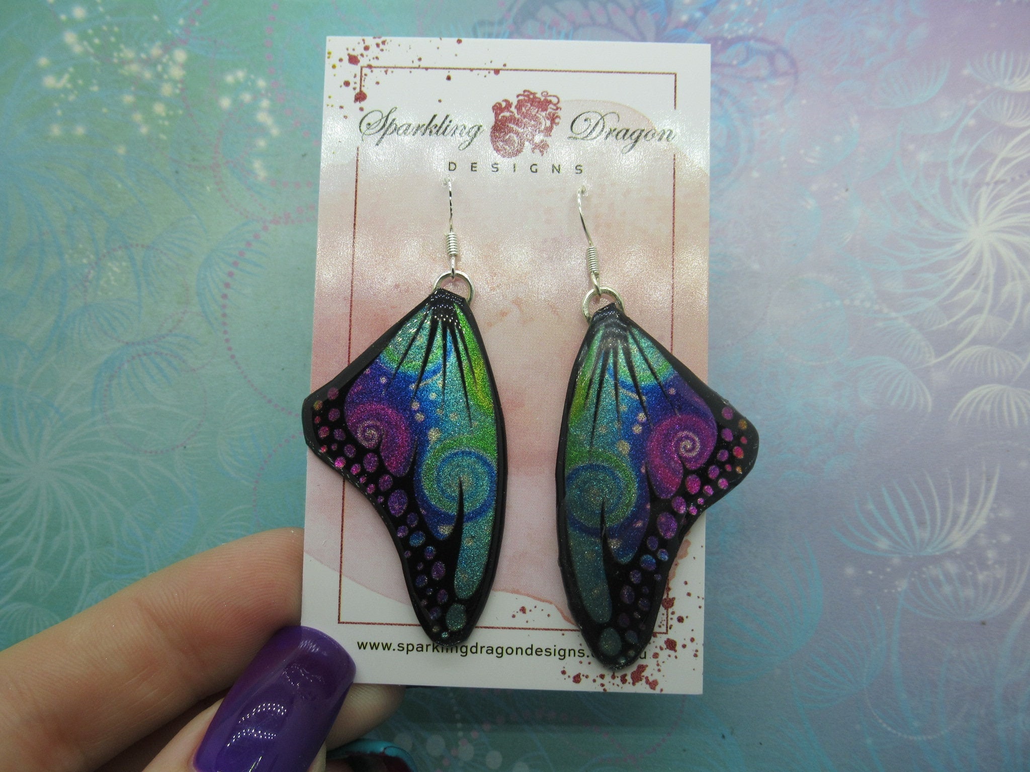 Butterfly Earrings Swirling Purple Blue Rainbow - Fairy Jewellery Fun Gift for her, Statement Present Sparkly - Resin with Glitter Finish - Image 3