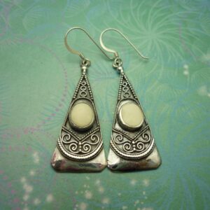 Vintage Sterling Silver Earrings - Shell white stone, edwardian, royal scroll