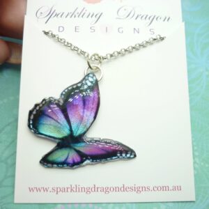 Butterfly Necklace Pink & Blue on a Sparkle Silver Plated Chain - Fairy Jewellery, Fun Gift for her Resin with Glitter Finish