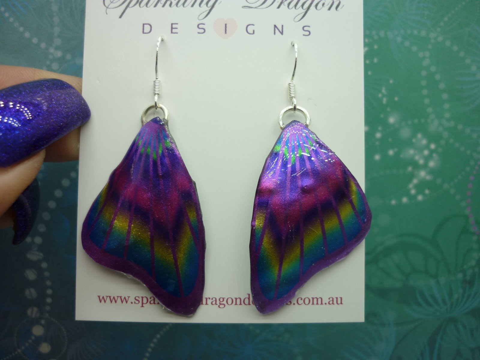 Butterfly Wing Earrings Purple & Rainbow- Fairy Jewellery, Fun Gift for her Fairy Wing Earrings - Sparkly - Resin with Glitter Finish