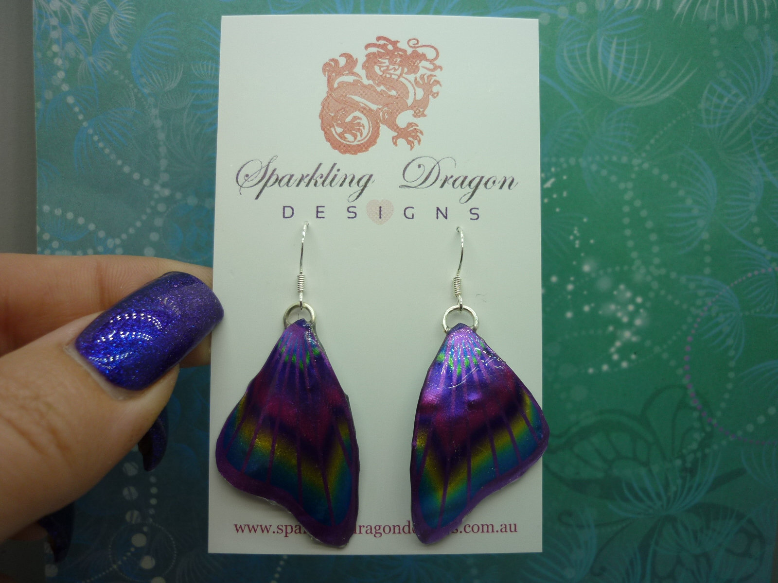 Butterfly Wing Earrings Purple & Rainbow- Fairy Jewellery, Fun Gift for her Fairy Wing Earrings - Sparkly - Resin with Glitter Finish - Image 2
