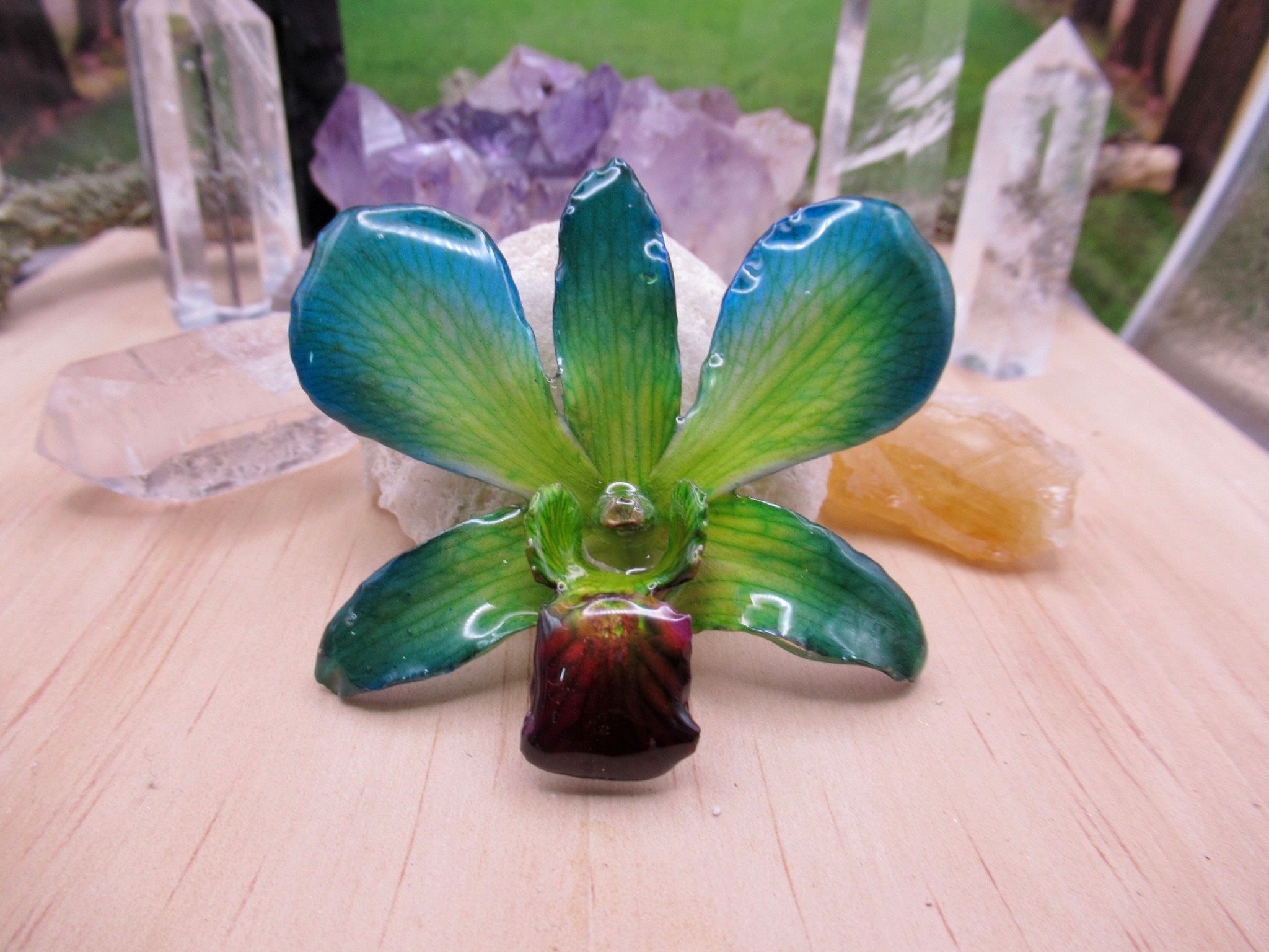 Real Orchid Flower Necklace - Green/Blue/Yellow. This is a REAL Orchid flower that has been preserved in resin making a unique necklace
