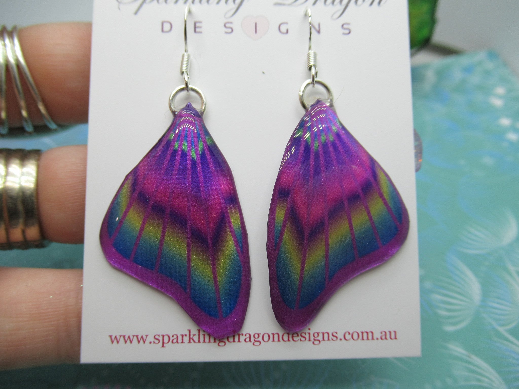 Butterfly Wing Earrings Purple & Rainbow- Fairy Jewellery, Fun Gift for her Fairy Wing Earrings - Sparkly - Resin with Glitter Finish - Image 6