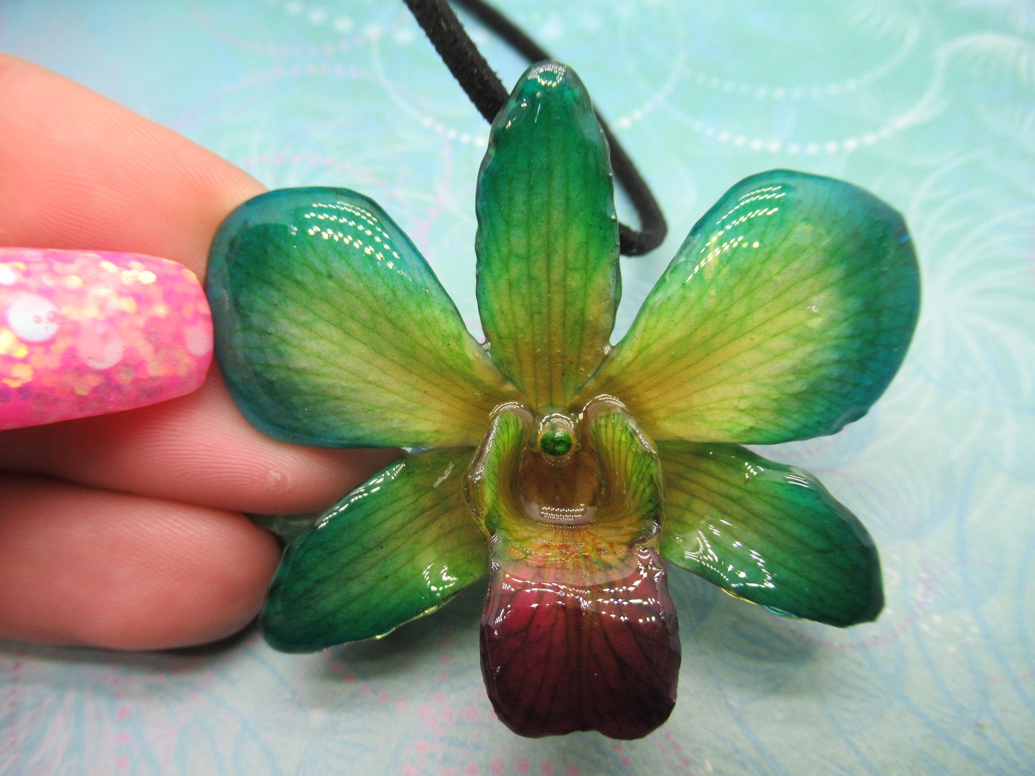 Real Orchid Flower Necklace - Green/Blue/Yellow. This is a REAL Orchid flower that has been preserved in resin making a unique necklace - Image 2