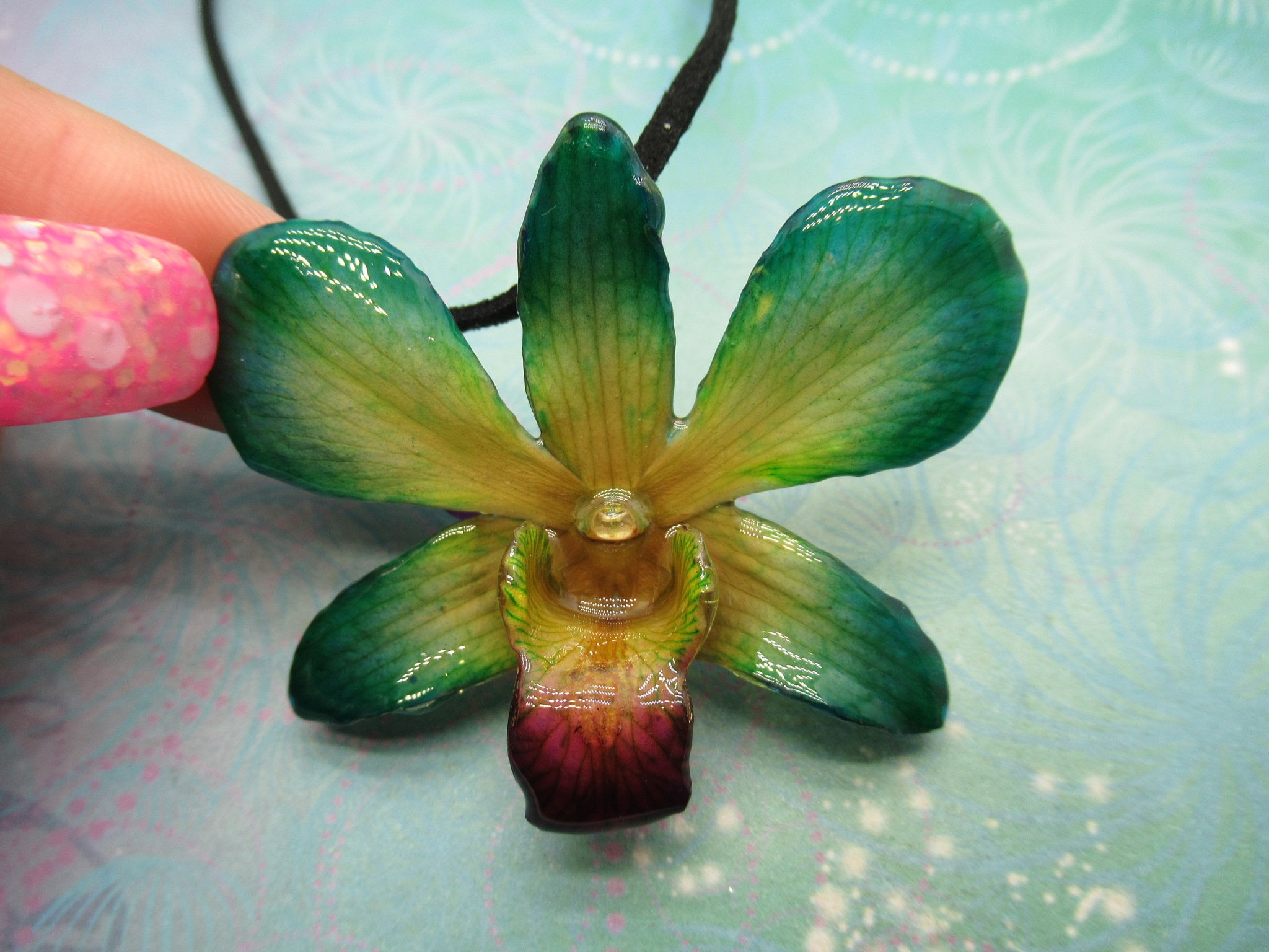 Real Orchid Flower Necklace - Green/Blue/Yellow. This is a REAL Orchid flower that has been preserved in resin making a unique necklace - Image 3