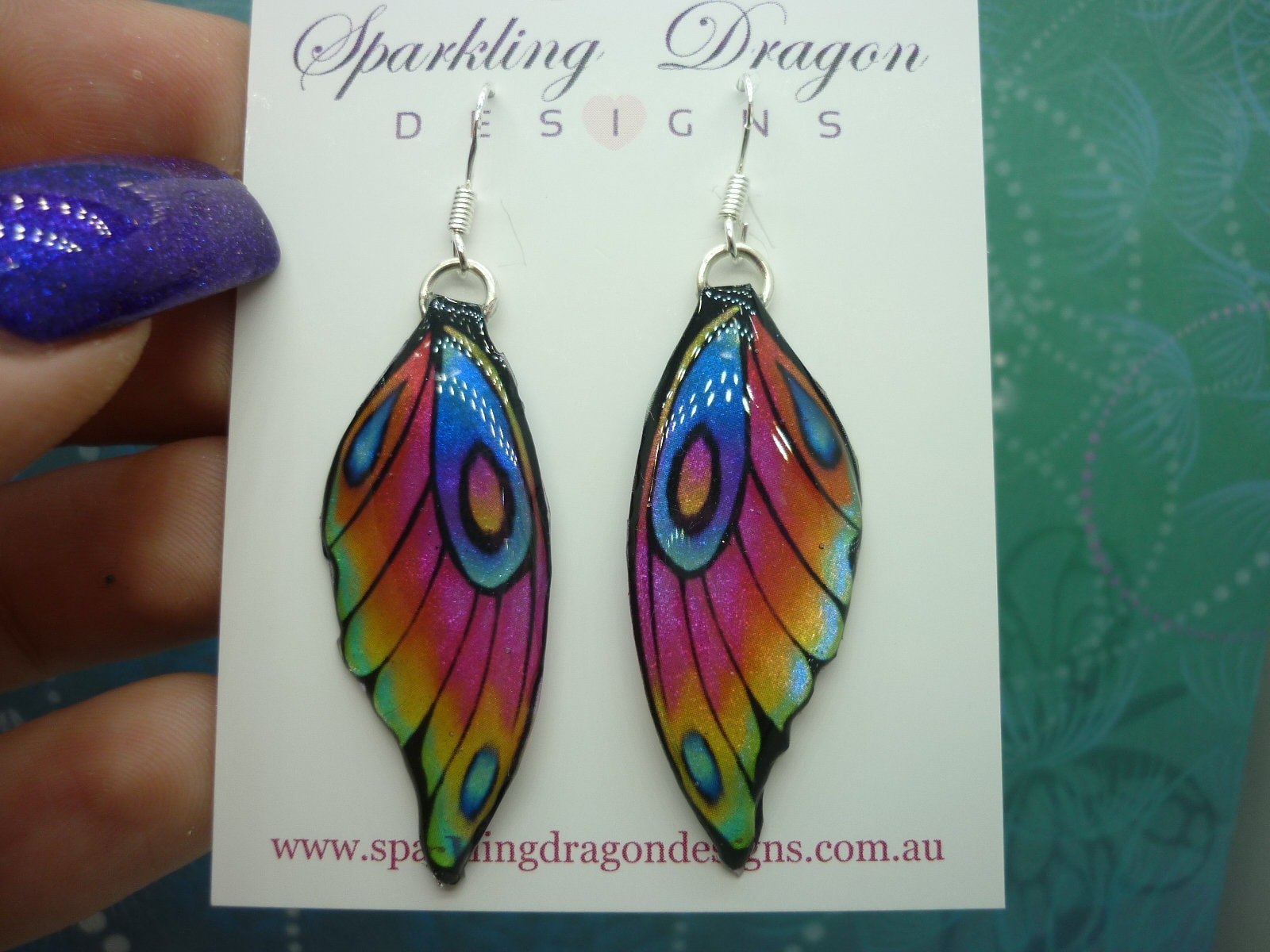 Butterfly Wing Earrings Rainbow - Fairy Jewellery, Fun Gift for her Fairy Wing Earrings - Sparkly - Resin with Glitter Finish