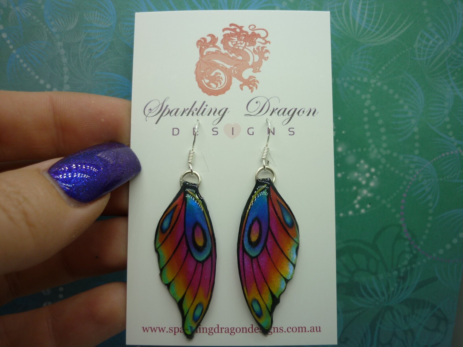 Butterfly Wing Earrings Rainbow - Fairy Jewellery, Fun Gift for her Fairy Wing Earrings - Sparkly - Resin with Glitter Finish - Image 2