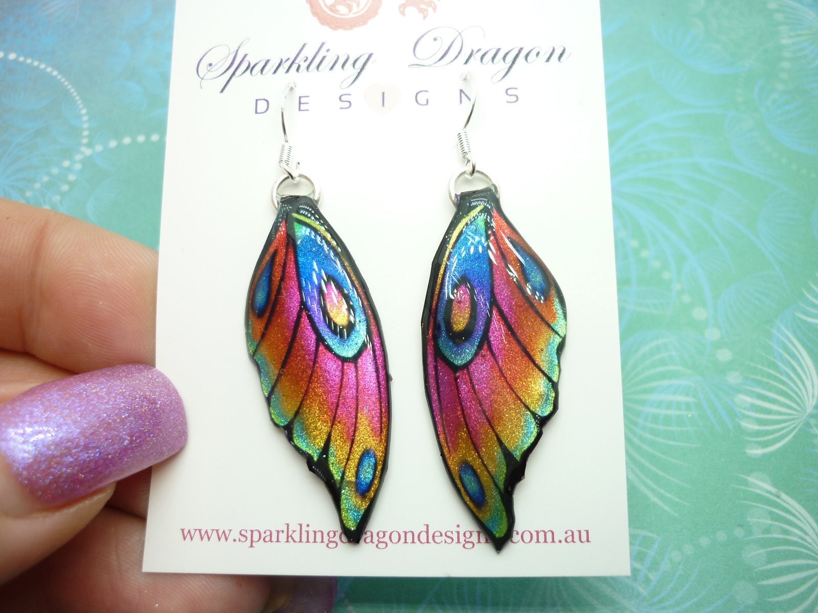 Butterfly Wing Earrings Rainbow - Fairy Jewellery, Fun Gift for her Fairy Wing Earrings - Sparkly - Resin with Glitter Finish - Image 6