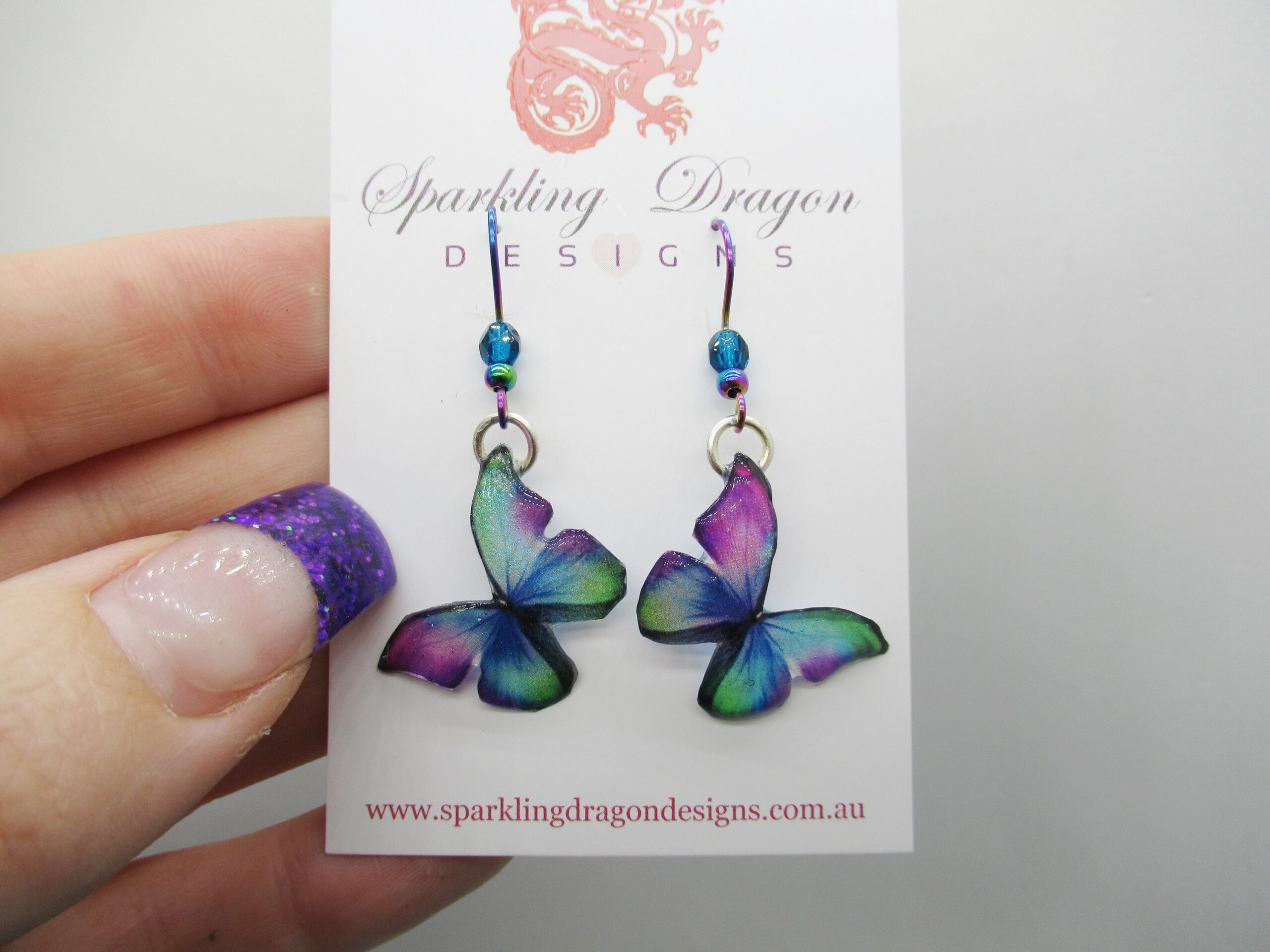 Little butterfly earrings green, blue, purple with bead - fairy jewellery, fairy wing earrings - sparkly - resin with glitter finish - Image 5