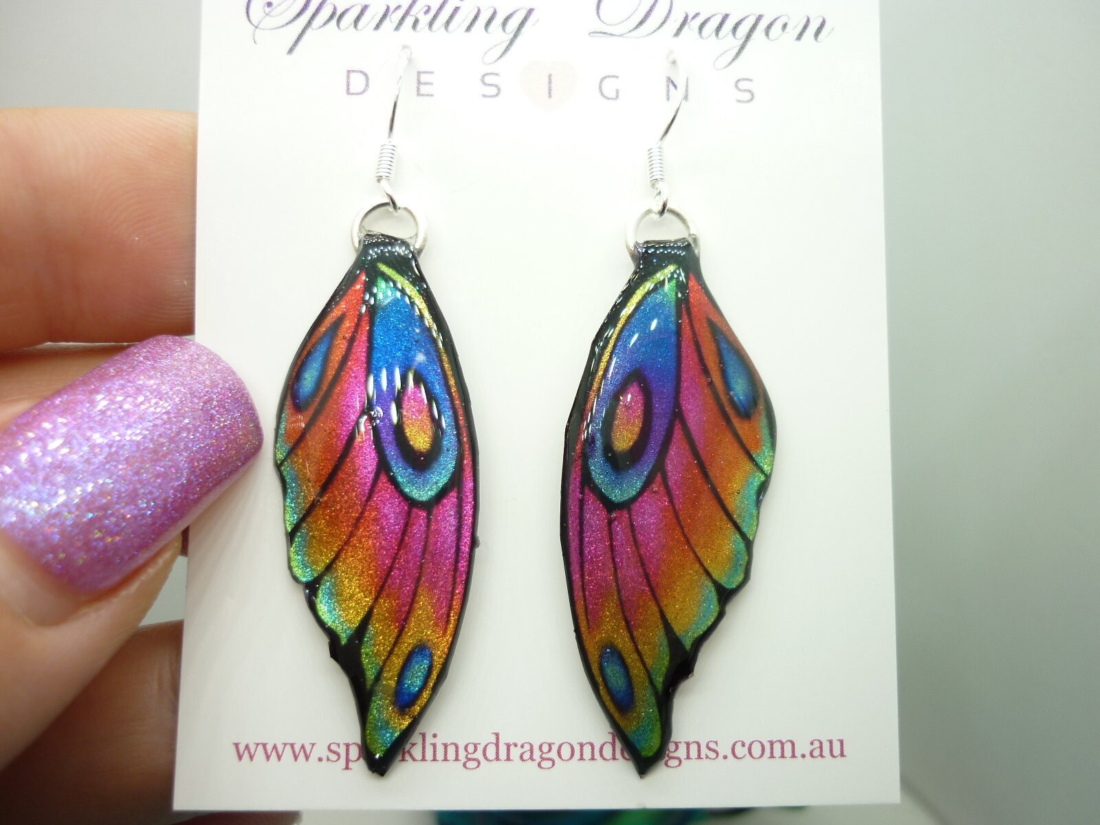Butterfly Wing Earrings Rainbow - Fairy Jewellery, Fun Gift for her Fairy Wing Earrings - Sparkly - Resin with Glitter Finish - Image 8