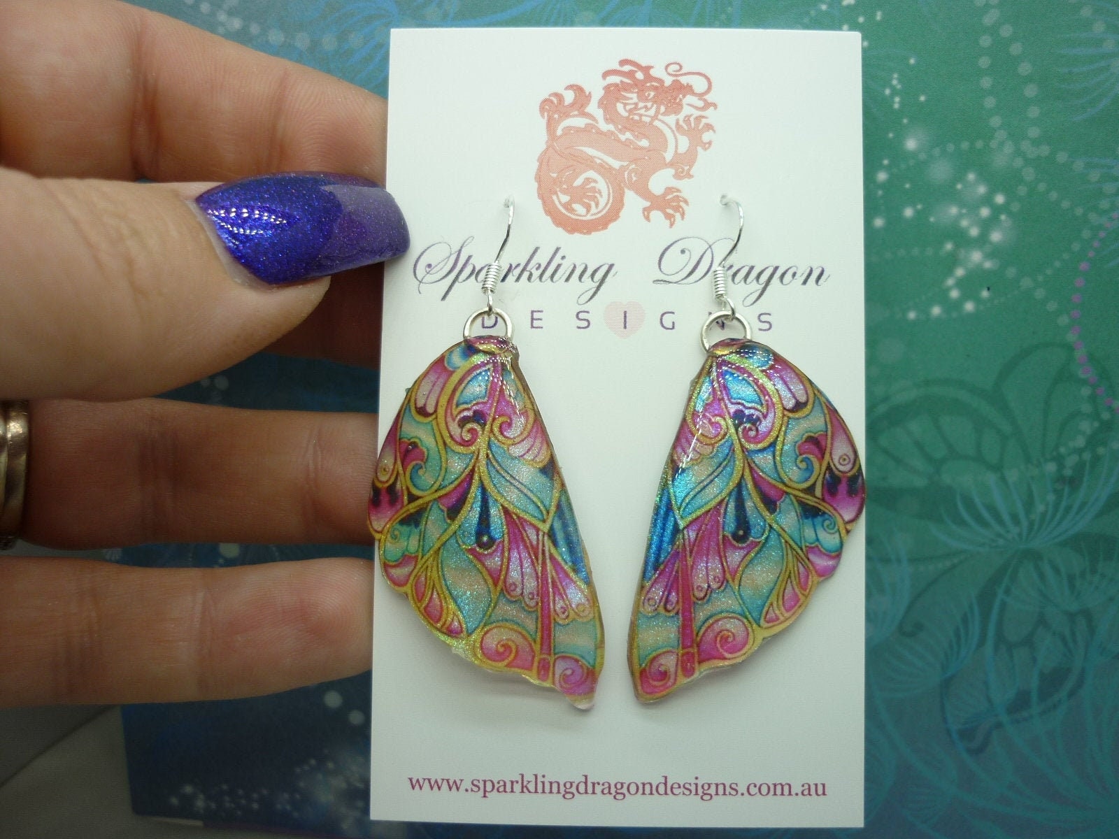 Butterfly Wing Earrings Stained Glass- Fairy Jewellery, Fun Gift for her Fairy Wing Earrings - Sparkly - Resin with Glitter Finish