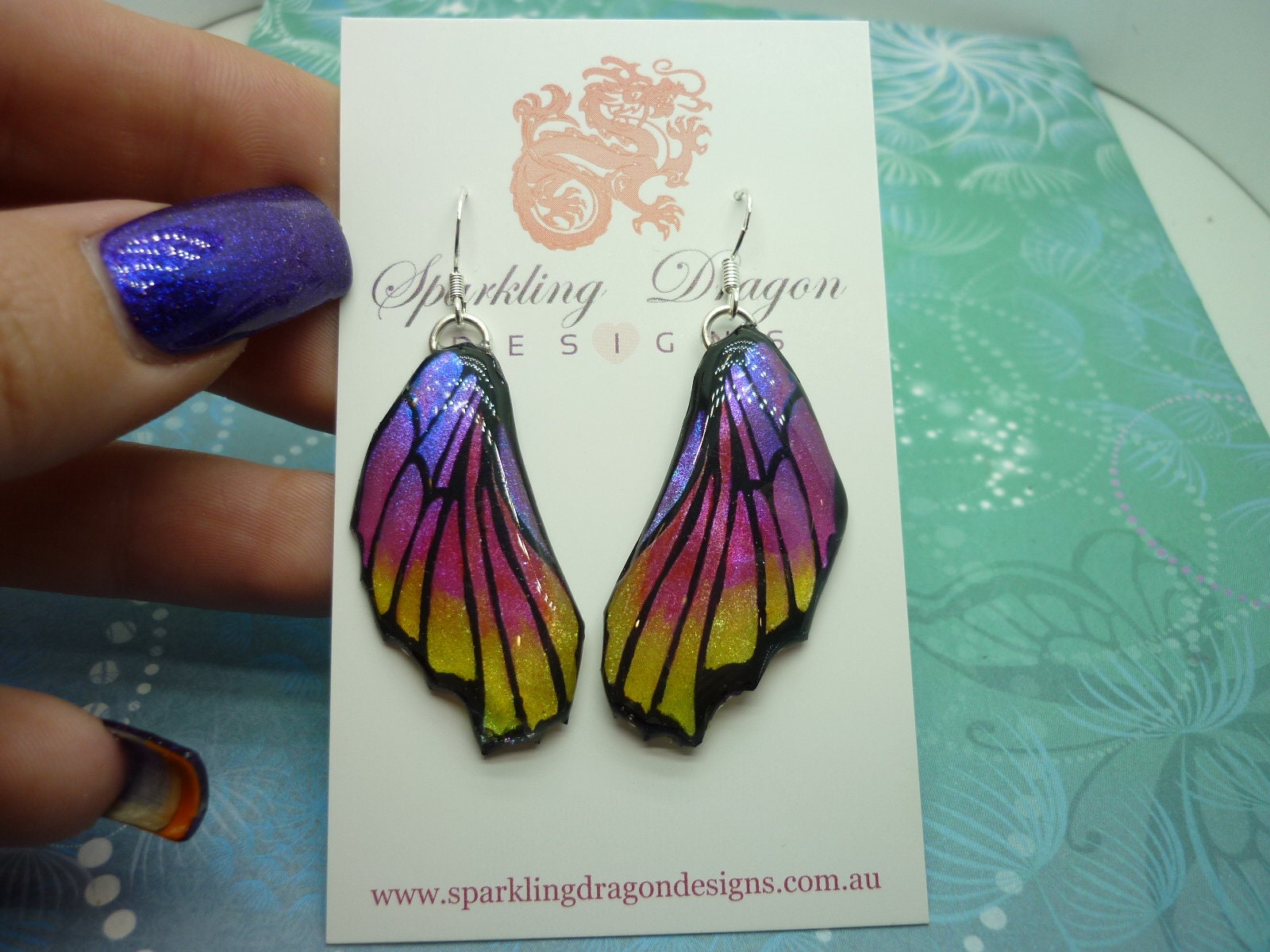 Butterfly Wing Pink, Yellow & Purple Earrings - Fairy Jewellery, Fun Gift for her Fairy Wing Earrings - Sparkly - Resin with Glitter Finish - Image 3