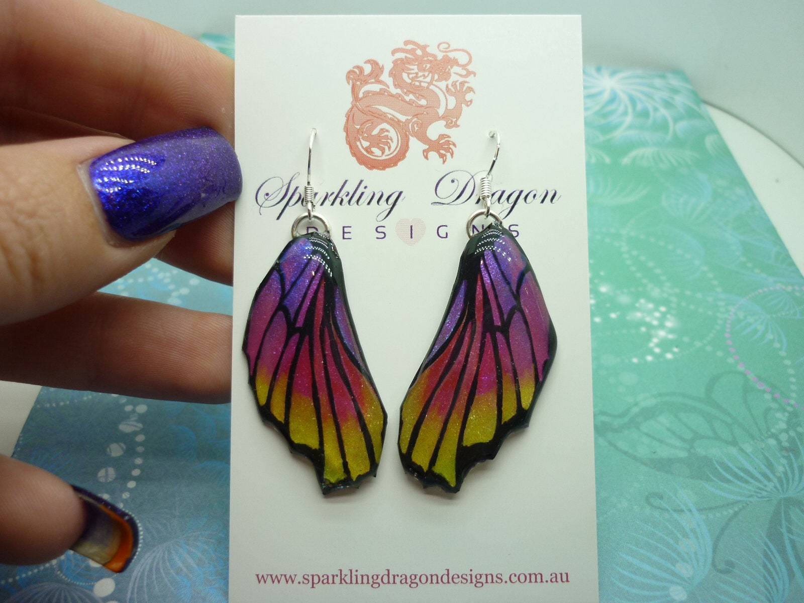 Butterfly Wing Pink, Yellow & Purple Earrings - Fairy Jewellery, Fun Gift for her Fairy Wing Earrings - Sparkly - Resin with Glitter Finish - Image 4