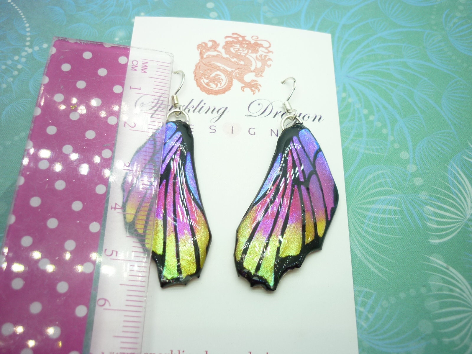 Butterfly Wing Pink, Yellow & Purple Earrings - Fairy Jewellery, Fun Gift for her Fairy Wing Earrings - Sparkly - Resin with Glitter Finish - Image 5