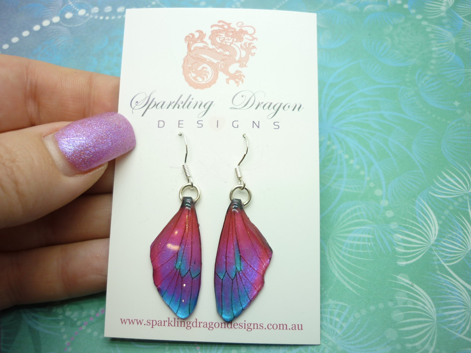 Butterfly Wing Earrings Red, Pink, Purple & Blue- Fairy Jewellery, Fun Gift for her Statement Present Sparkly - Resin with Glitter Finish - Image 3