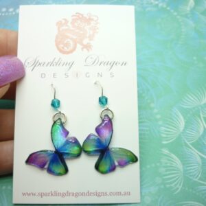 Little Bead Butterfly Earrings Green, Blue, Purple - Fairy Jewellery, Fun Gift, Fairy Wing Earrings - Sparkly - Resin with Glitter Finish