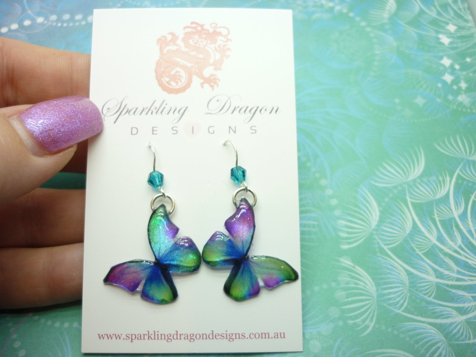 Little Bead Butterfly Earrings Green, Blue, Purple - Fairy Jewellery, Fun Gift, Fairy Wing Earrings - Sparkly - Resin with Glitter Finish