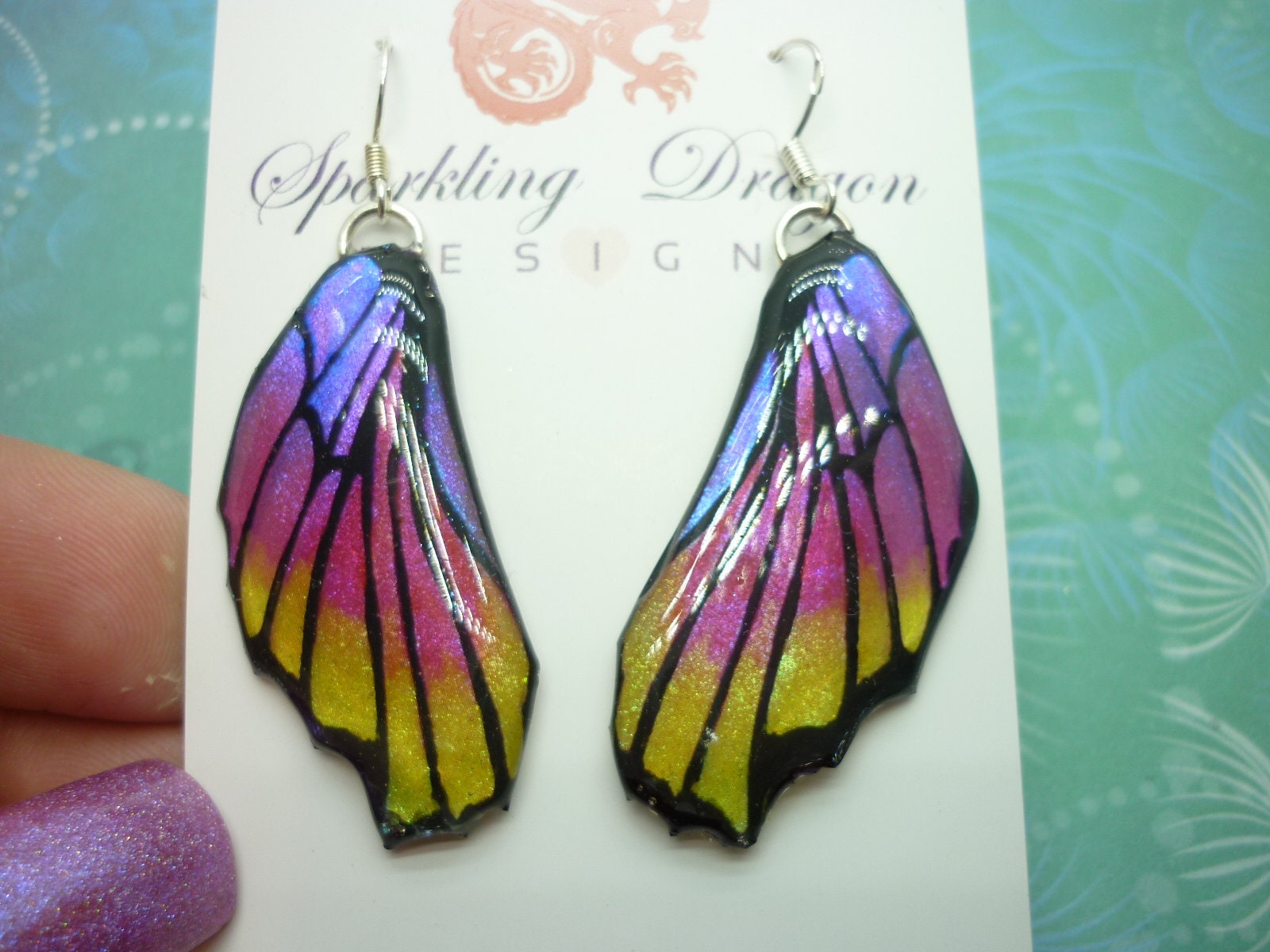 Butterfly Wing Pink, Yellow & Purple Earrings - Fairy Jewellery, Fun Gift for her Fairy Wing Earrings - Sparkly - Resin with Glitter Finish