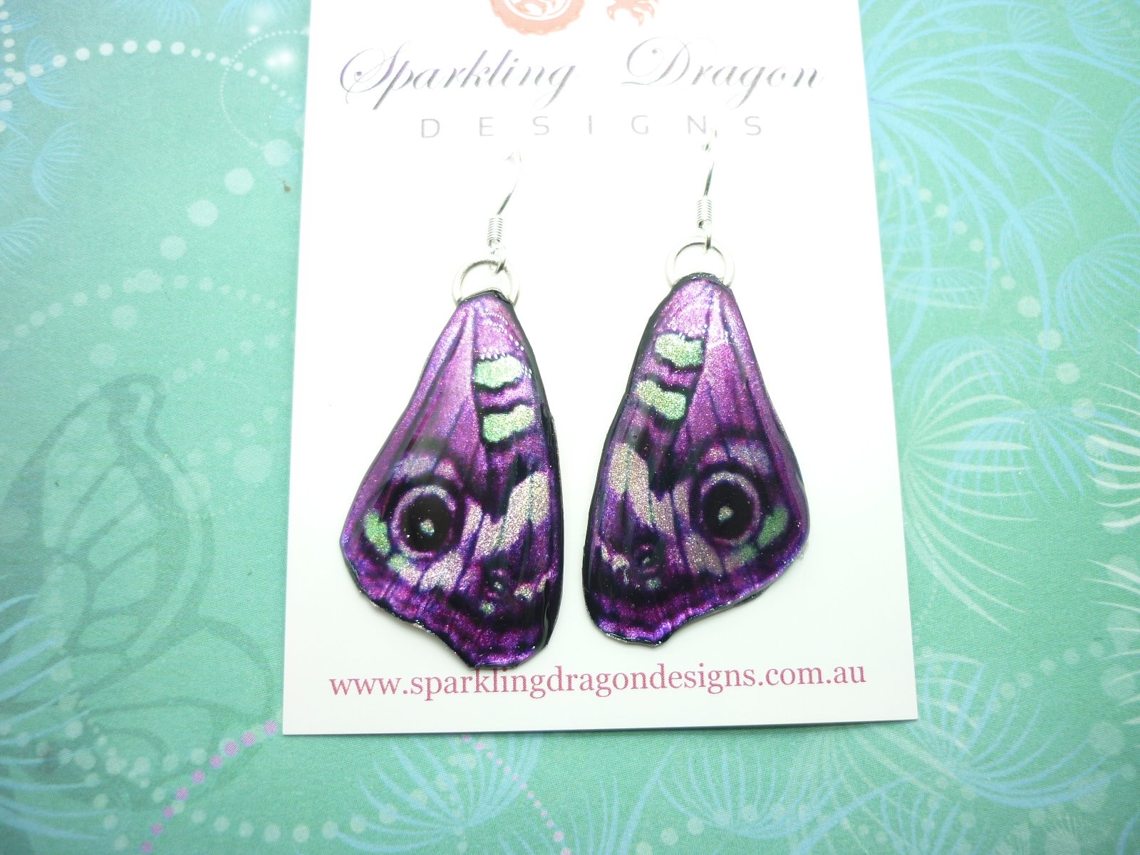 Butterfly Wing Medium Earrings Purple Green - Fairy Jewellery, Fun Gift for her Fairy Wing Earrings - Sparkly - Resin with Glitter Finish - Image 5