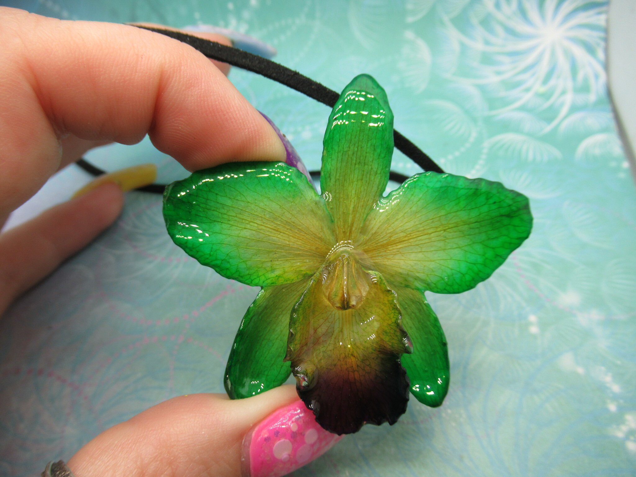 Real Orchid Flower Necklace - BlueGreen/Yellow/Purple. This is a REAL Orchid flower preserved in resin making a unique necklace - Image 2