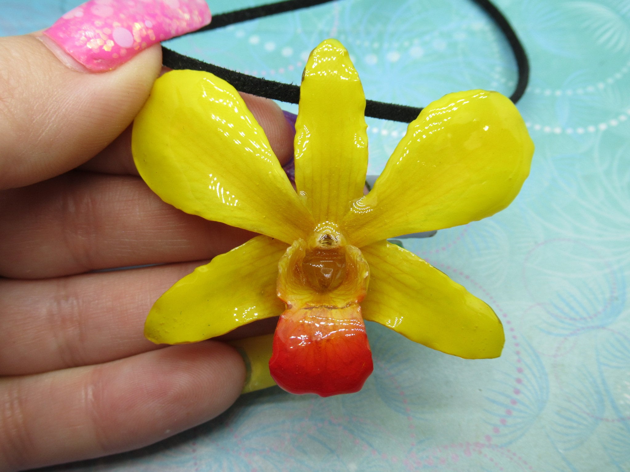 Real Orchid Flower Necklace - Bright Yellow. This is a REAL Orchid flower which has been preserved in resin making a unique necklace - Image 4