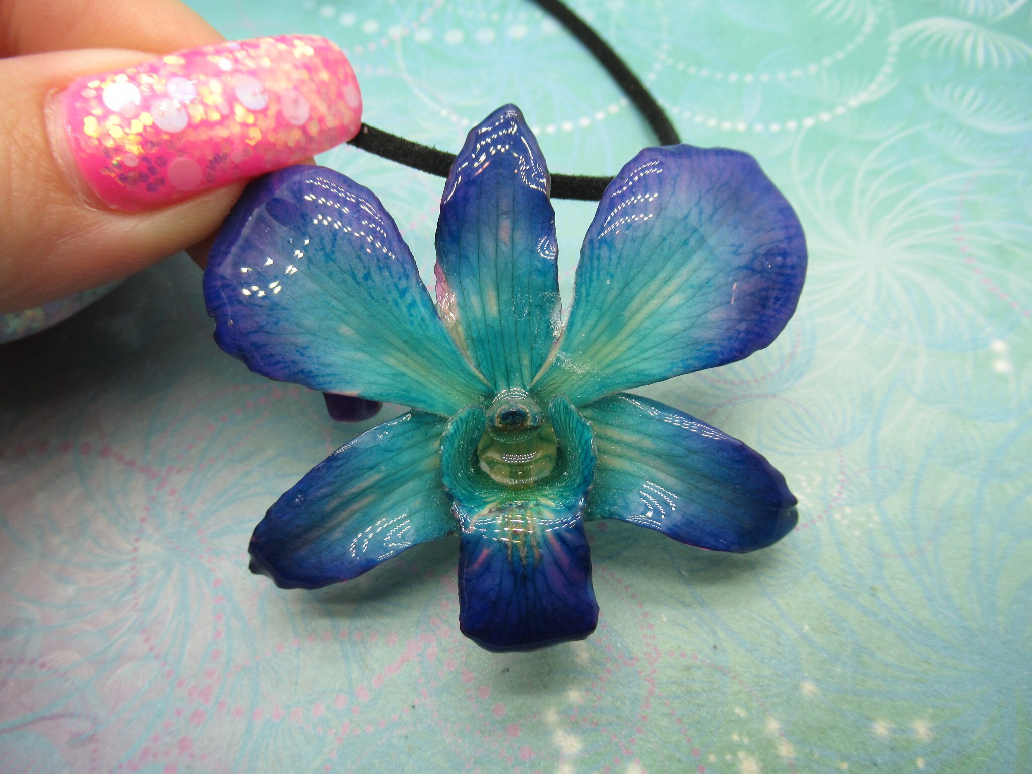 Real Orchid Flower Necklace - Cyan/Blue/Purple. This is a REAL Orchid flower which has been preserved in resin making a unique necklace - Image 5