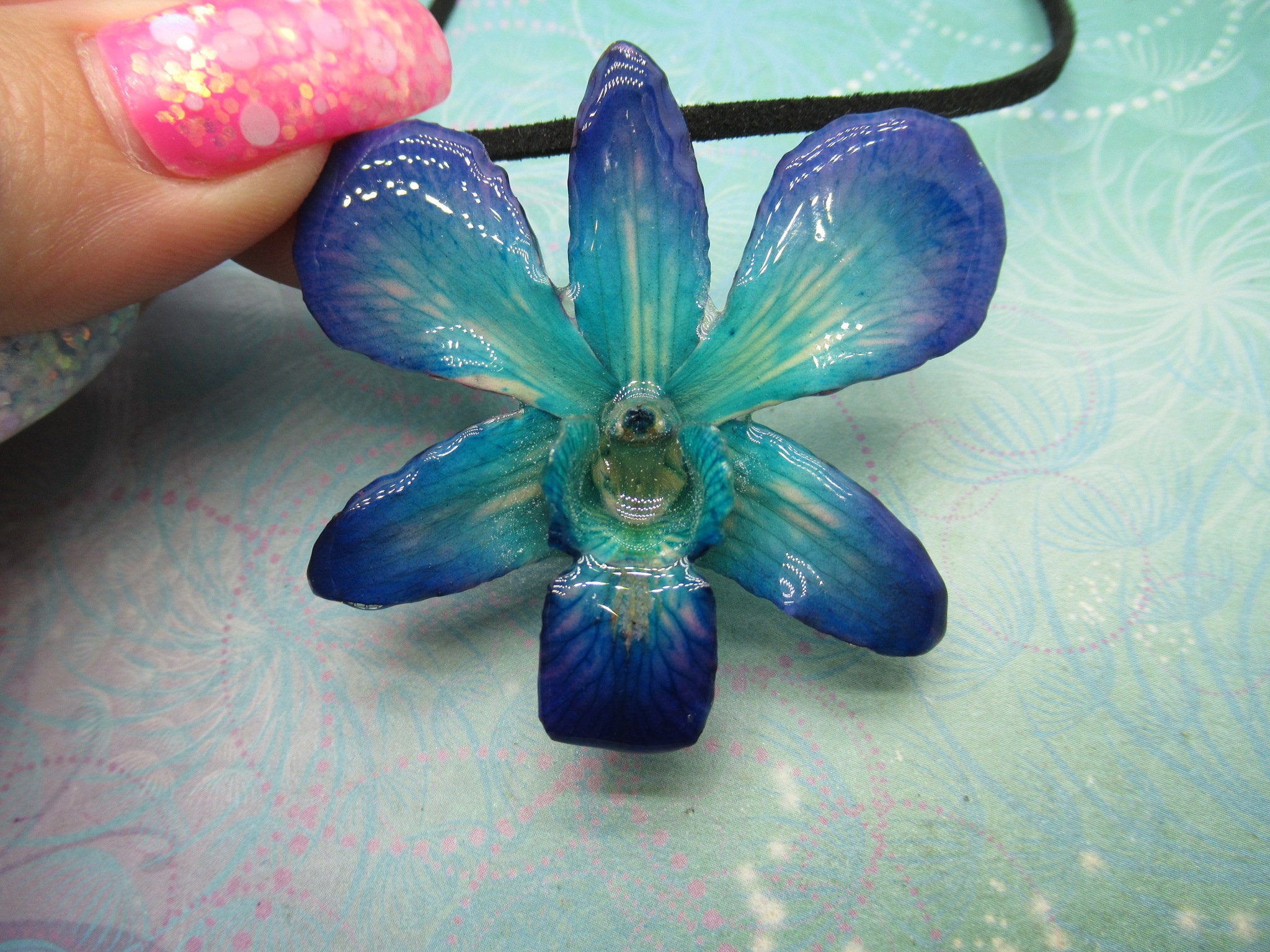 Real Orchid Flower Necklace - Cyan/Blue/Purple. This is a REAL Orchid flower which has been preserved in resin making a unique necklace - Image 6