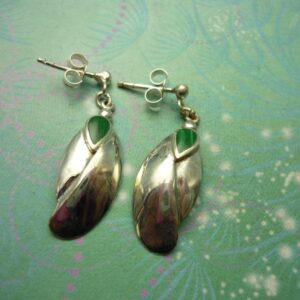 Sterling Silver Earrings with Malachite, Leaf Shaped Vintage Jewelry Hallmarked 925 Gift Wrap