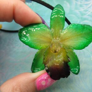 Real Orchid Flower Necklace - BlueGreen/Yellow/Purple. This is a REAL Orchid flower preserved in resin making a unique necklace