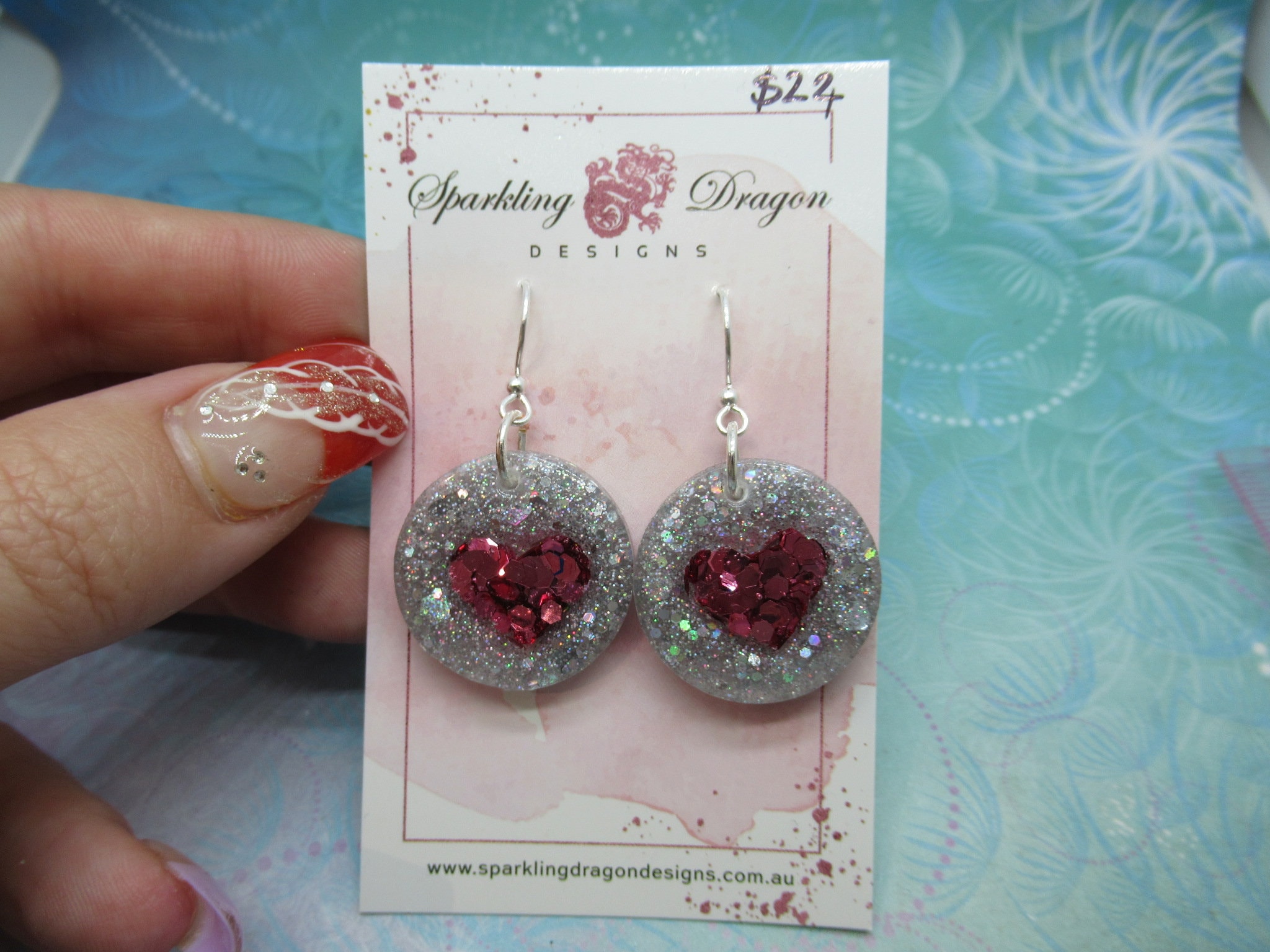 Love Heart Earrings - Sweet Pink & Holo Silver Round - Image 2
