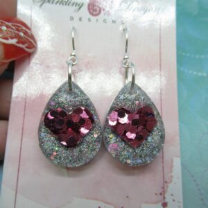 Love Heart Earrings - Sweet Pink & Holo Silver Teardrop