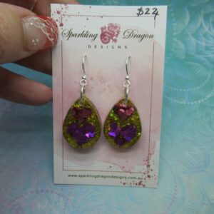 Love Heart Earrings - Double Red & Pink Hearts  Holo Gold Round