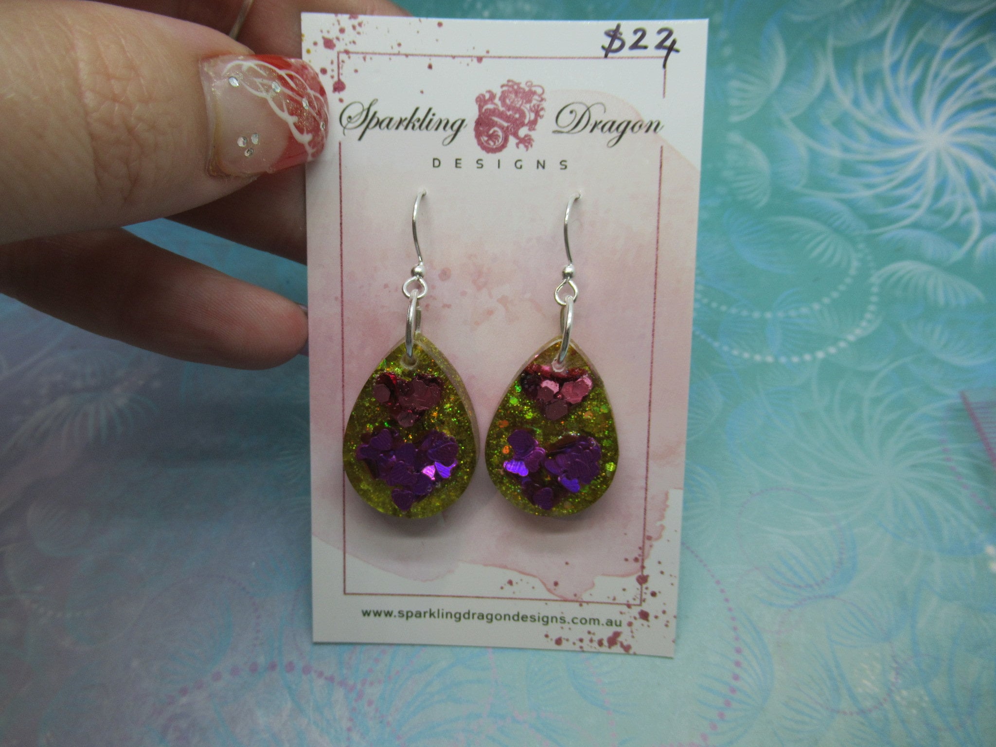 Love Heart Earrings - Double Red & Pink Hearts Holo Gold Round