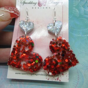 Love Heart Earrings - Statement Red & Holo Silver