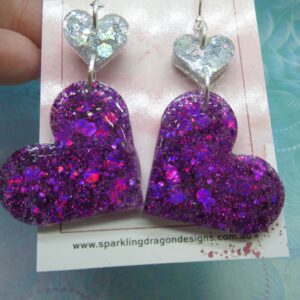 Love Heart Earrings - Statement Purple & Holo Silver