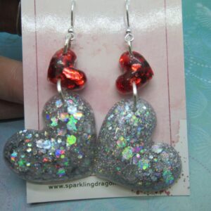 Love Heart Earrings - Statement Puffy Holo Silver and Sparkly Red Hearts