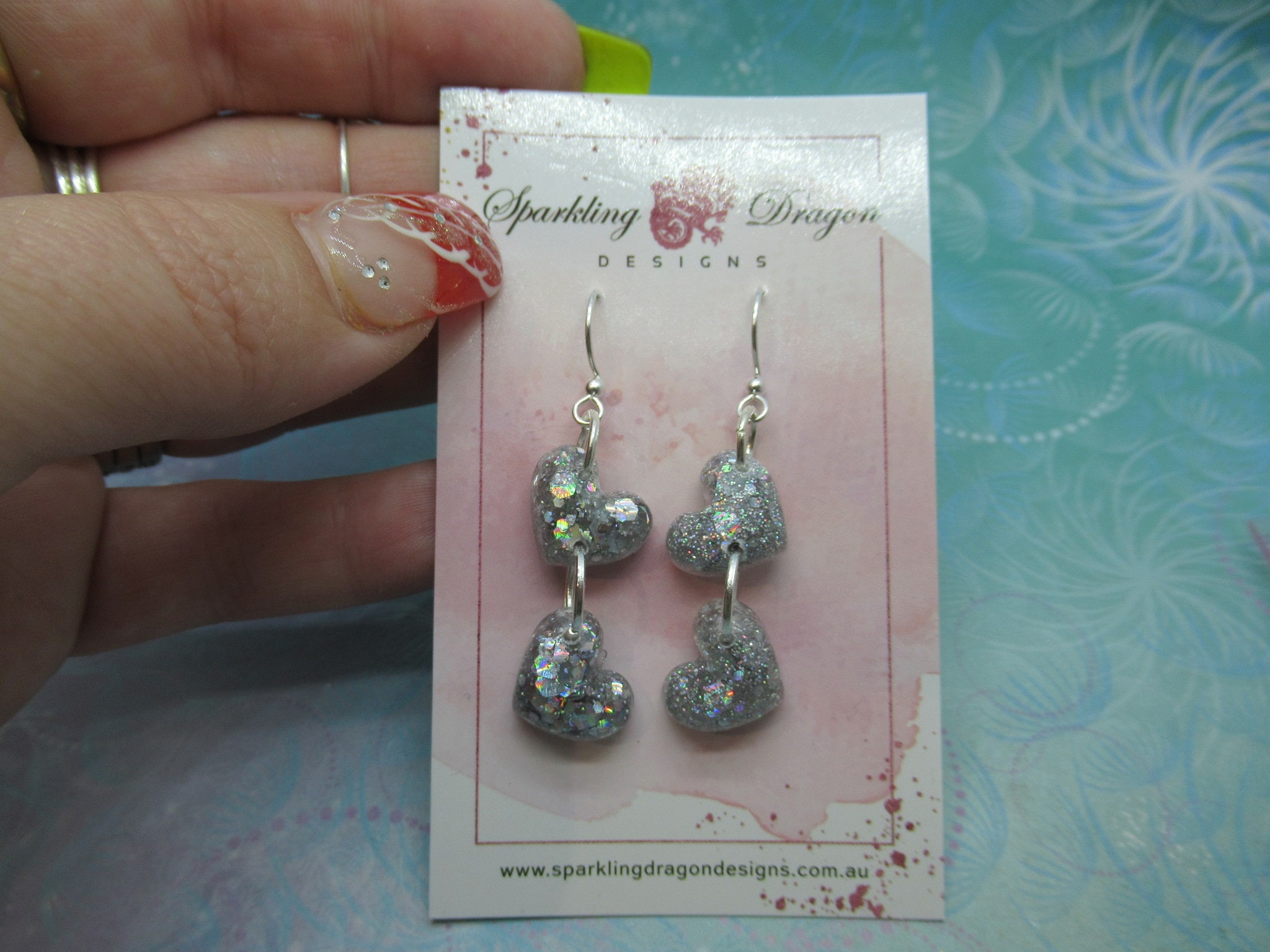 Love Heart Earrings - Double Drop Petite Silver Holo Hearts - Image 3
