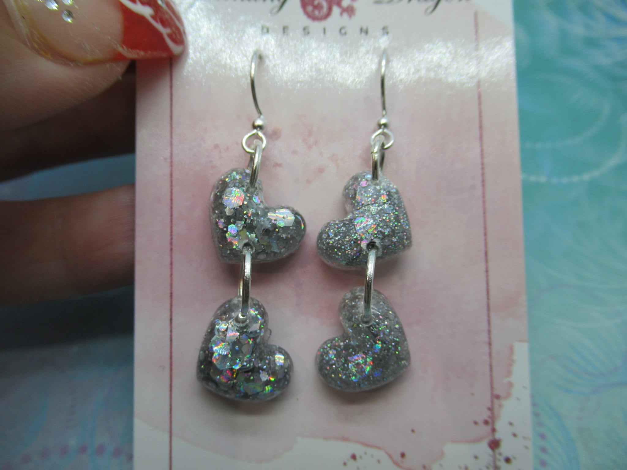 Love Heart Earrings - Double Drop Petite Silver Holo Hearts - Image 2