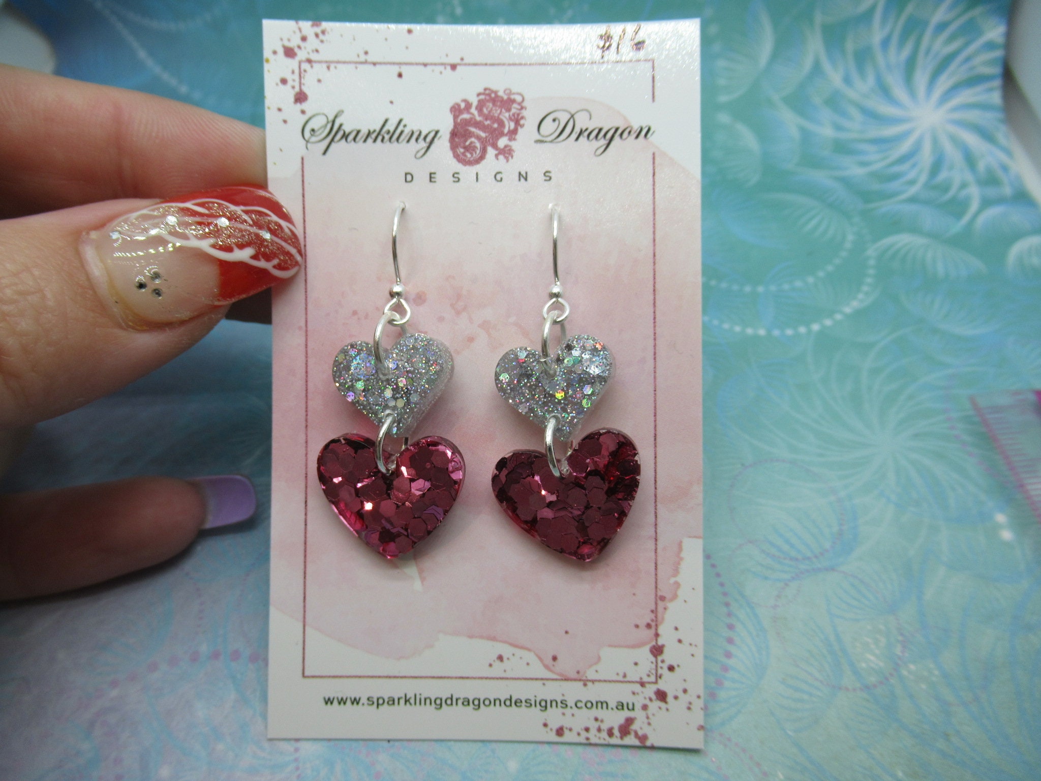 Love Heart Earrings - Double Drop Sweet Pink & Silver Holo Hearts - Image 2