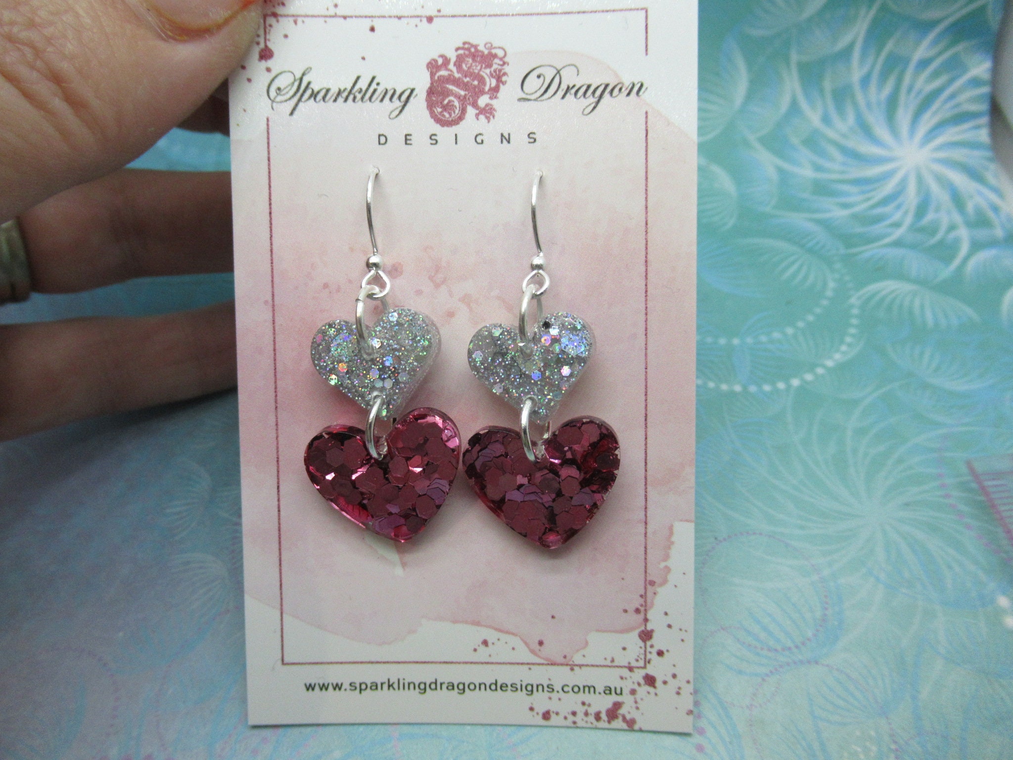 Love Heart Earrings - Double Drop Sweet Pink & Silver Holo Hearts
